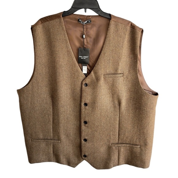 Paul Jones Wool Blend Brown Tweed Herringbone Waistcoat Vest 3XL Classic Preppy - Picture 5 of 12